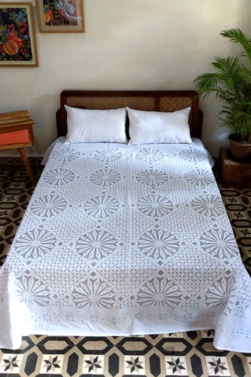 Okhai 'Snowflake' Applique Work Pure Cotton Bed Cover without Pillow