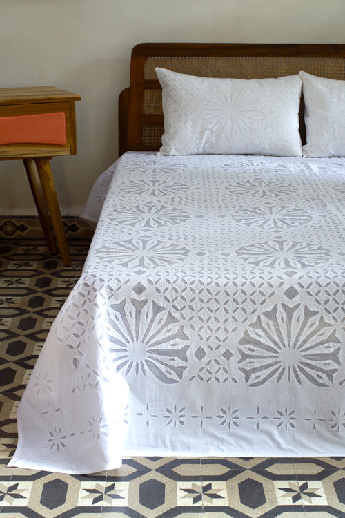 Okhai 'Snowflake' Applique Work Pure Cotton Bed Cover without Pillow