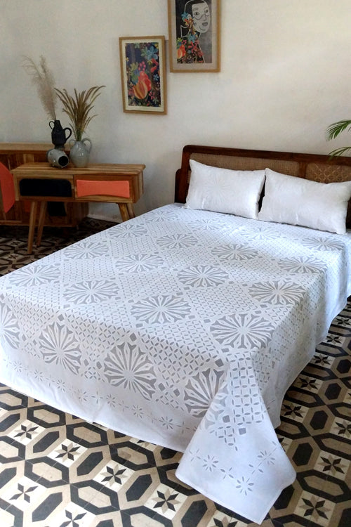 Okhai 'Snowflake' Applique Work Pure Cotton Bed Cover without Pillow