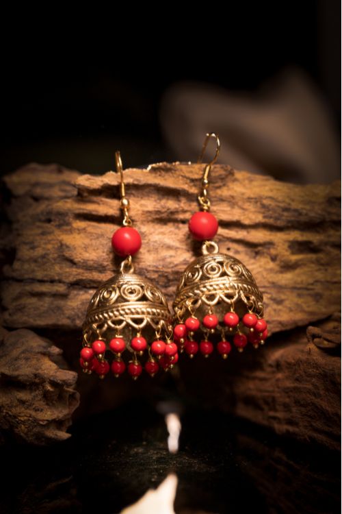 Miharu Red Gold  Dokra Jhumki Earrings