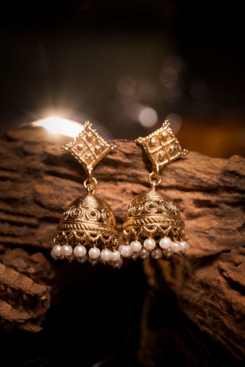 Miharu Gold Dokra Jhumki Earrings With Pearls