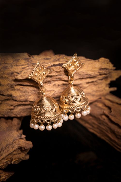 Miharu Gold Dokra Jhumki Earrings With Pearls