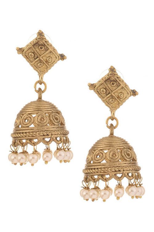 Miharu Gold Dokra Jhumki Earrings With Pearls