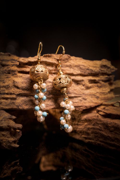 Miharu Blue White Gold  Dokra Jhumki Earrings