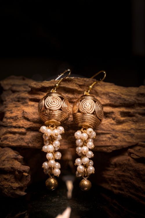 Miharu Gold Tone Dokra Jhumki Earrings With Pearls