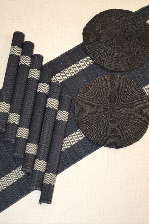 Dharini Madurkathi & Sabai Tassels Dining Set Charcoal (Set Of 9)