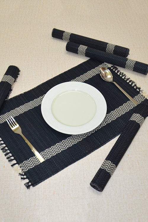 Dharini Madurkathi & Sabai Tassels Dining Set Charcoal (Set Of 9)