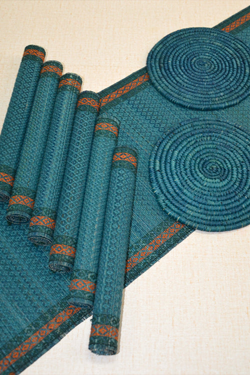 Dharini Madurkathi & Sabai Tassels Dining Set Teal Blue (Set Of 9)