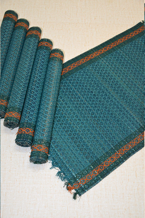 Dharini Madurkathi & Sabai Tassels Dining Set Teal Blue (Set Of 9)