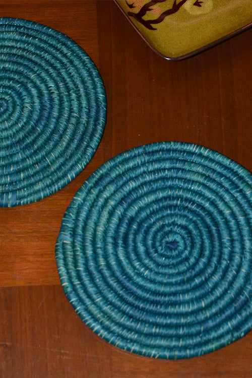 Dharini Madurkathi & Sabai Tassels Dining Set Teal Blue (Set Of 9)