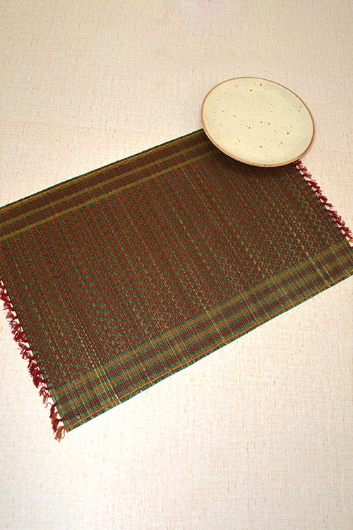 Dharini Madurkathi Tassels Placemats & Runner Set Green Maroon (Set Of 7)