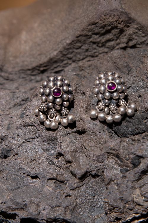 India Craft House Pure Silver Traditional Maharashtrian Earrings - Flower With Ghungroo