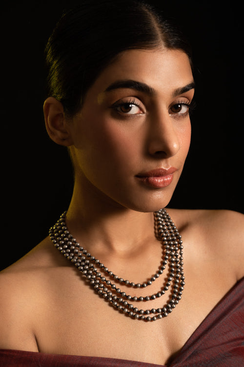 TICH Pure Silver Traditional Maharashtrian Neckpiece -  Jondhalemani (4-Strings)