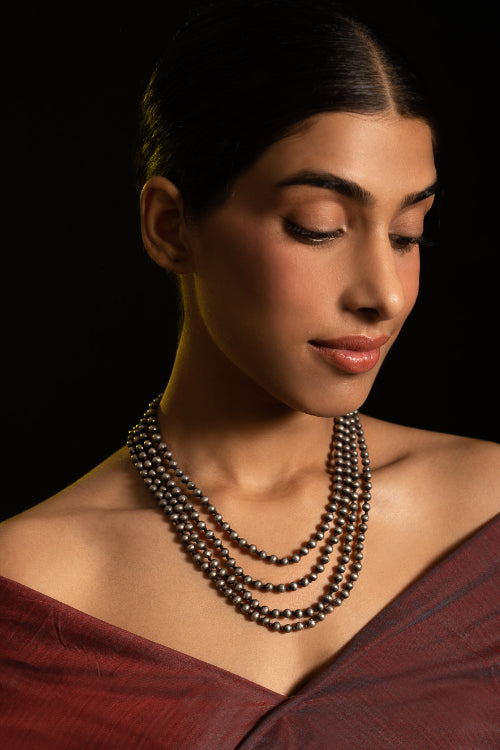 TICH Pure Silver Traditional Maharashtrian Neckpiece -  Jondhalemani (4-Strings)