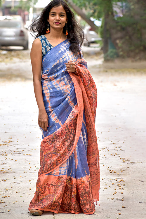 Madhubani Shibori Hand-Painted "Serene" Linen Saree