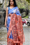 Madhubani Shibori Hand-Painted "Serene" Linen Saree