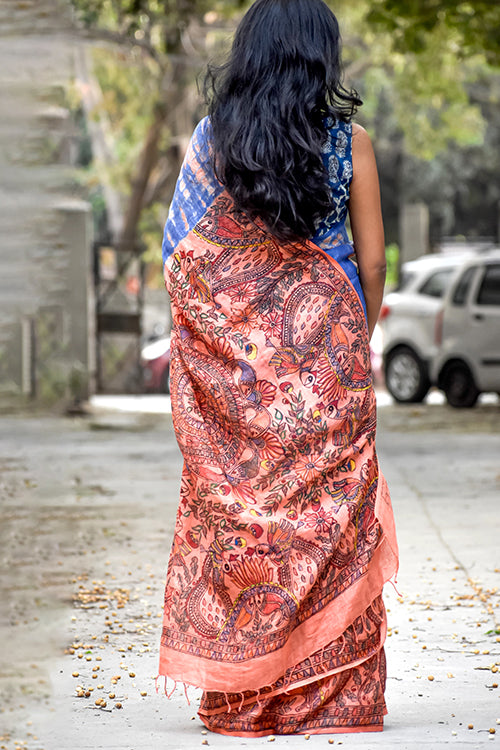 Madhubani Shibori Hand-Painted "Serene" Linen Saree