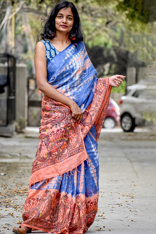 Madhubani Shibori Hand-Painted "Serene" Linen Saree