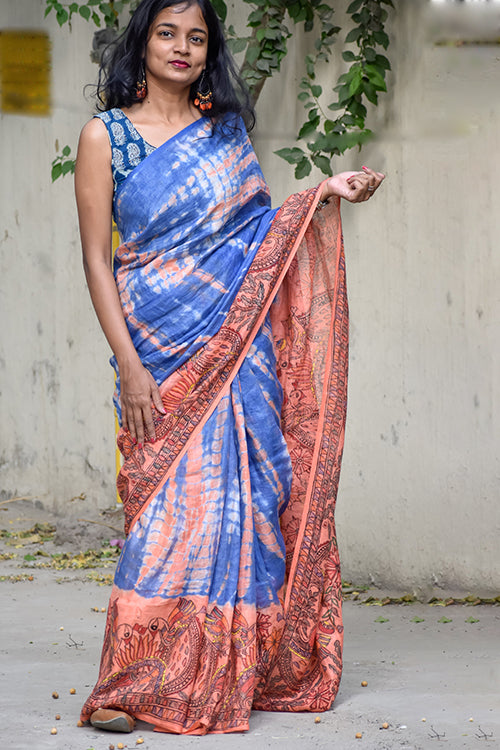 Madhubani Shibori Hand-Painted "Serene" Linen Saree