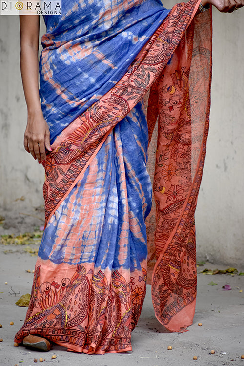 Madhubani Shibori Hand-Painted "Serene" Linen Saree