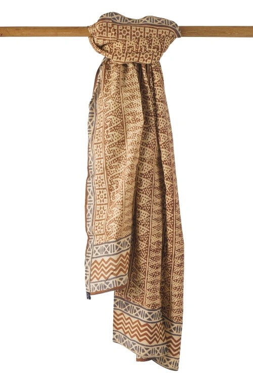 Creative Bee Hand Woven Natural Dye 'Wood Soul' Block-Printed Tussar X Cotton Stole