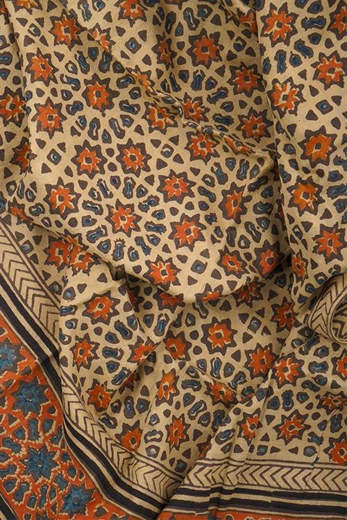 Creative Bee Hand Woven Natural Dye 'The Stamp Edit' Block-Printed Tussar X Cotton Stole