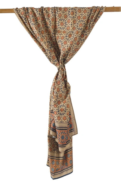 Creative Bee Hand Woven Natural Dye 'The Stamp Edit' Block-Printed Tussar X Cotton Stole