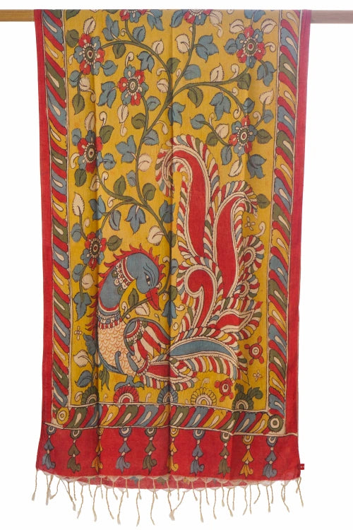 Creative Bee Hand Woven Natural Dye 'Kalam- Script' Hand-Painted Kalamkari Tussar X Cotton Stole