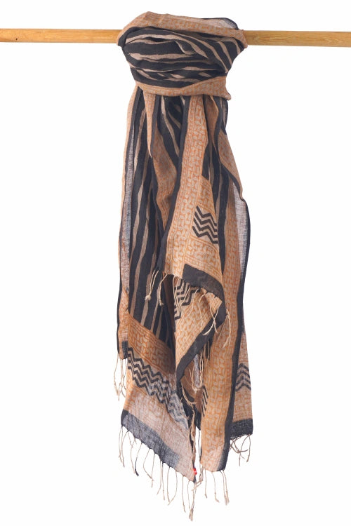 Creative Bee Hand Woven Natural Dye 'Surface Soul' Block-Printed Linen Stole