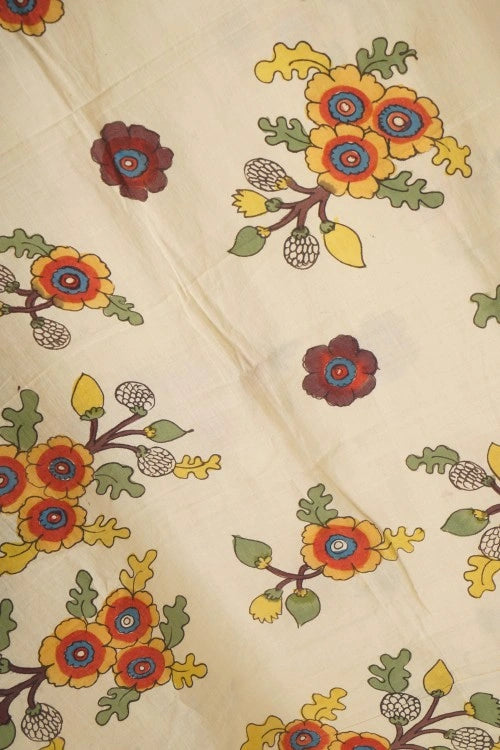 Creative Bee Hand Woven Natural Dye 'Pen & Petal' Hand-Painted Kalamkari Cotton Fabric-1Meters