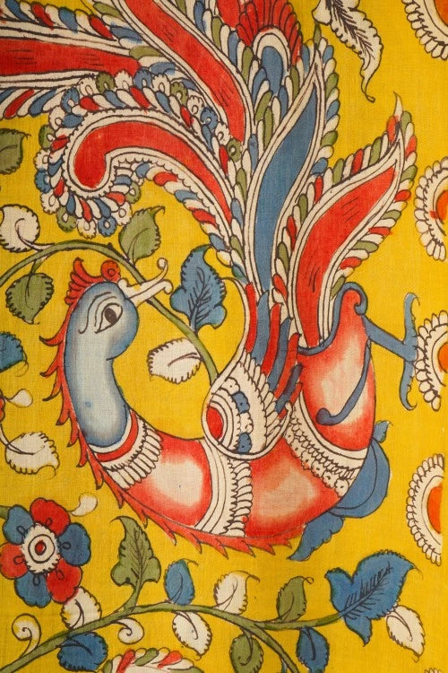 Creative Bee Hand Woven Natural Dye 'Planet-Flora' Hand-Painted Kalamkari Cotton Fabric-1Meters