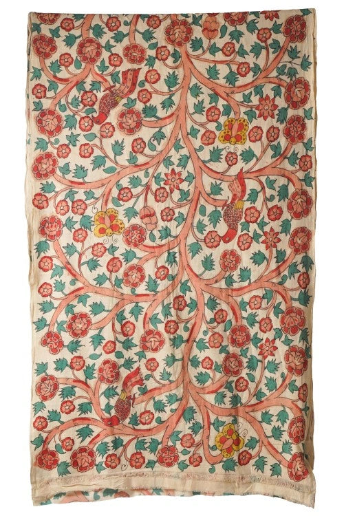 Creative Bee Hand Woven Natural Dye 'Botanical Lines' Hand-Painted Kalamkari Cotton Fabric-1Meters