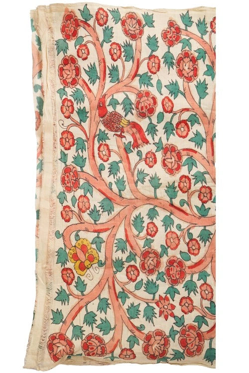 Creative Bee Hand Woven Natural Dye 'Botanical Lines' Hand-Painted Kalamkari Cotton Fabric-1Meters