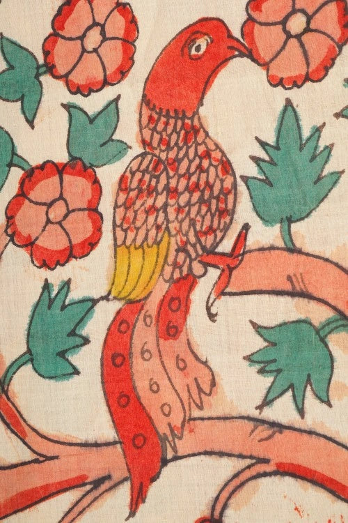 Creative Bee Hand Woven Natural Dye 'Botanical Lines' Hand-Painted Kalamkari Cotton Fabric-1Meters