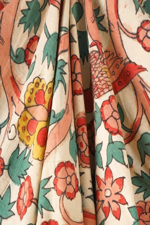 Creative Bee Hand Woven Natural Dye 'Botanical Lines' Hand-Painted Kalamkari Cotton Fabric-1Meters