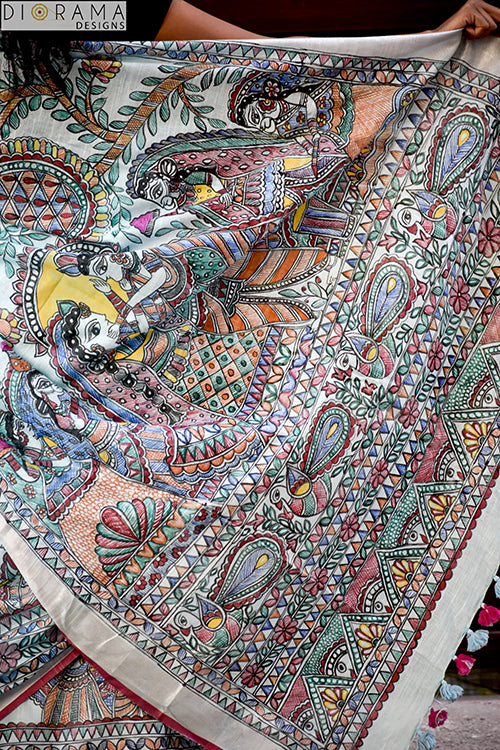 Madhubani  "Radha Sang Krishna Holi " Hand-Painted Linen Saree