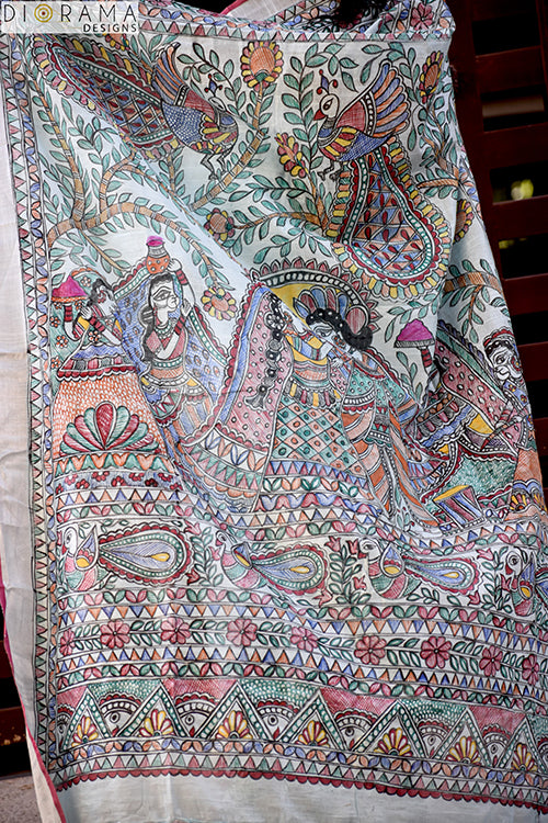 Madhubani  "Radha Sang Krishna Holi " Hand-Painted Linen Saree