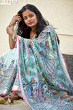 Madhubani  "Radha Sang Krishna Holi " Hand-Painted Linen Saree