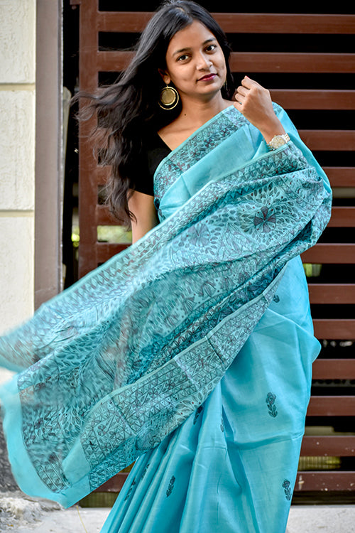 Madhubani Blue Tussar Silk Hand-Painted  Saree