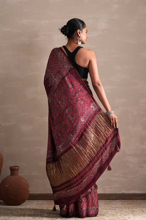 Sooti Syahi ' Vermilion Veil' Hand Block Printed  Modal Tissue Saree
