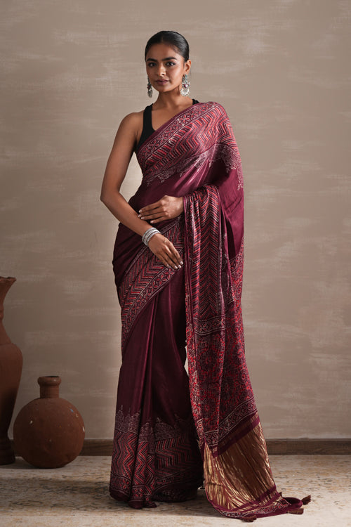Sooti Syahi ' Vermilion Veil' Hand Block Printed  Modal Tissue Saree