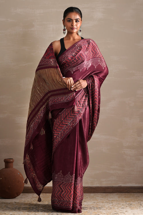 Sooti Syahi ' Vermilion Veil' Hand Block Printed  Modal Tissue Saree