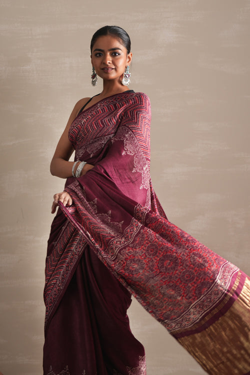 Sooti Syahi ' Vermilion Veil' Hand Block Printed  Modal Tissue Saree
