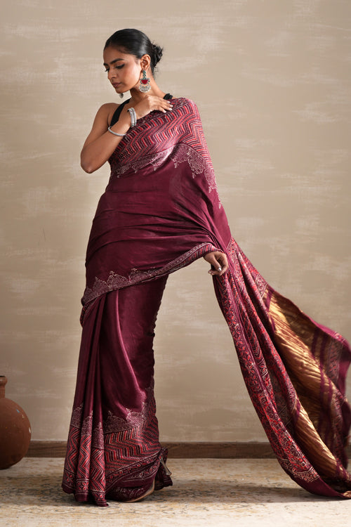 Sooti Syahi ' Vermilion Veil' Hand Block Printed  Modal Tissue Saree