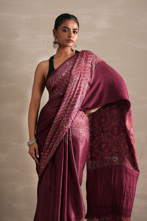 Sooti Syahi ' Vermilion Veil' Hand Block Printed  Modal Tissue Saree