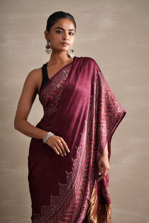 Sooti Syahi ' Vermilion Veil' Hand Block Printed  Modal Tissue Saree