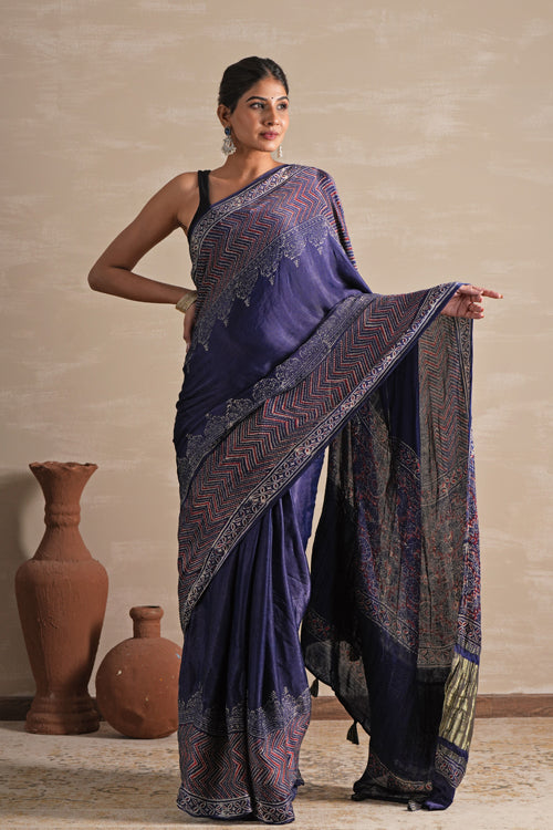 Sooti Syahi ' Midnight Serenade' Hand Block Printed  Modal Tissue Saree