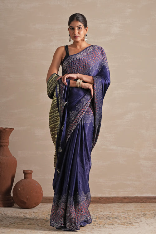 Sooti Syahi ' Midnight Serenade' Hand Block Printed  Modal Tissue Saree