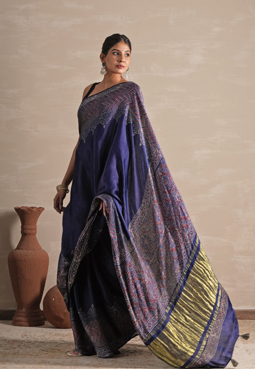 Sooti Syahi ' Midnight Serenade' Hand Block Printed  Modal Tissue Saree