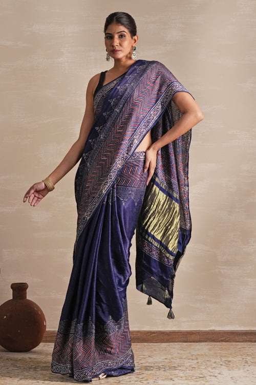 Sooti Syahi ' Midnight Serenade' Hand Block Printed  Modal Tissue Saree